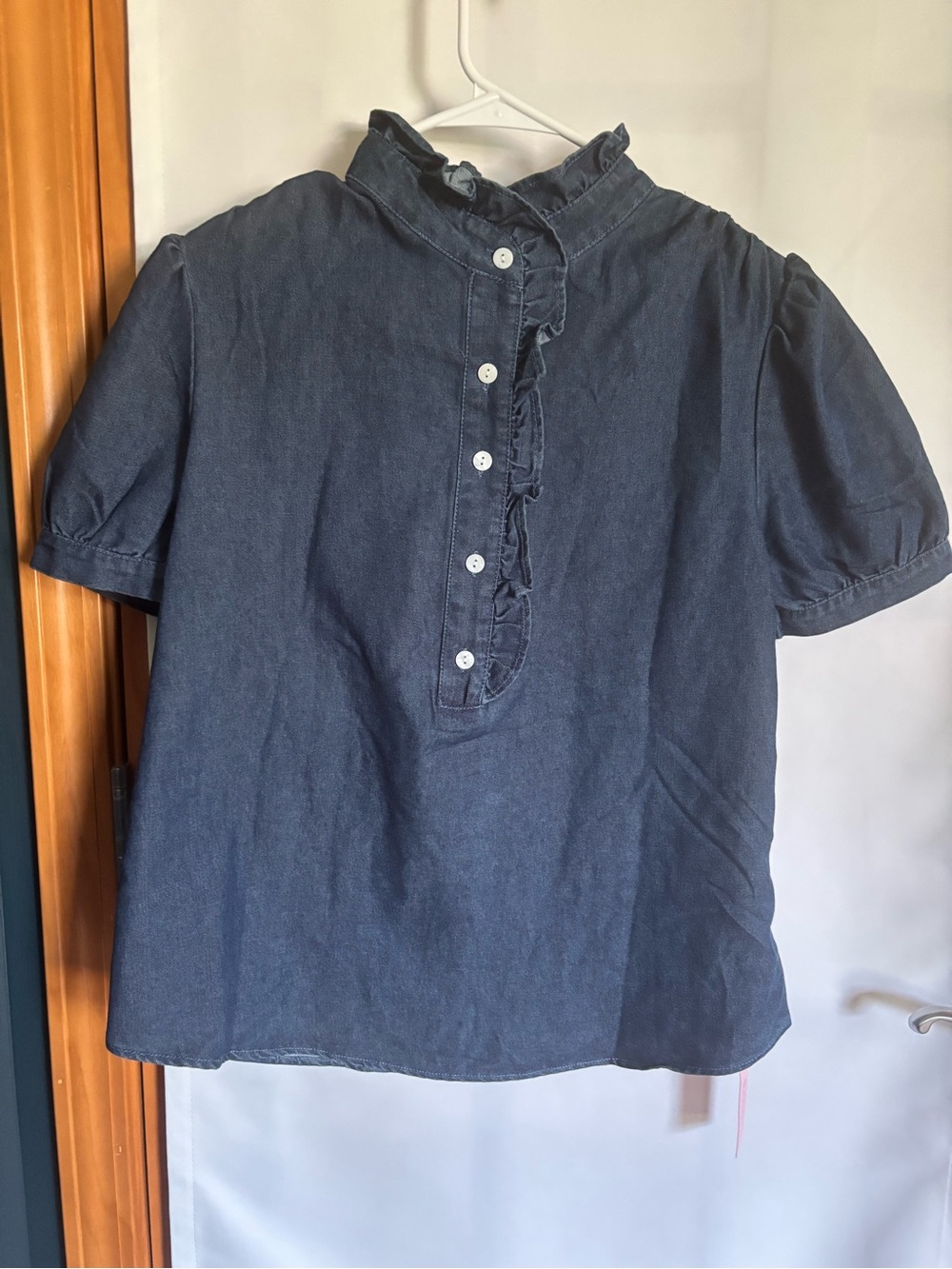 Ruffle Placket Denim Top - Navy
